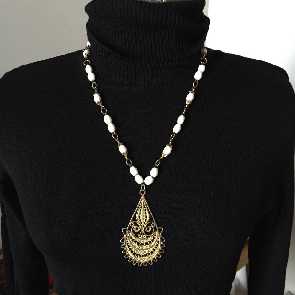 Vintage Milk Glass Beaded Necklace with Brass Medallion
